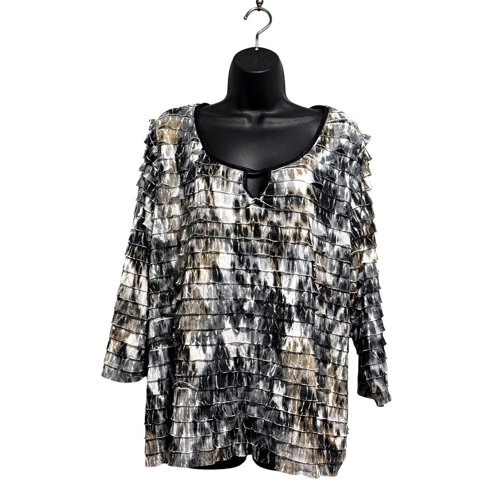 Cato Woman Grey Abstract Animal Print Tiered Layered Ruffle Keyhole Top 18/20W